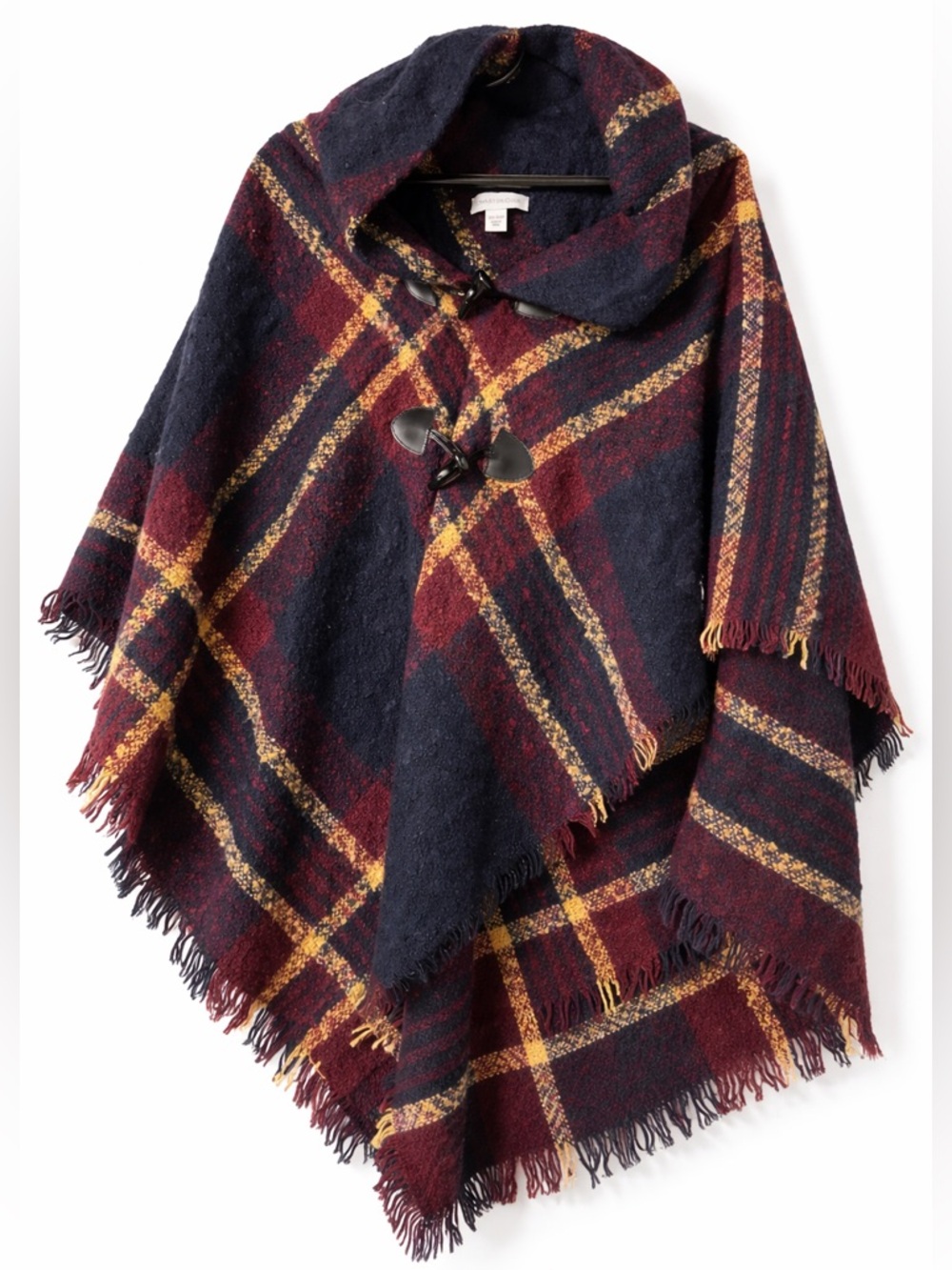 Charter Club Navy, Burgundy & Mustard Plaid Toggle Poncho